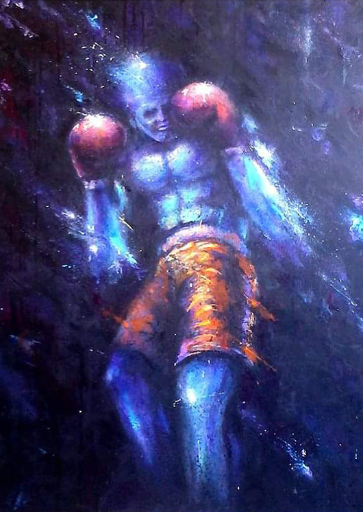 Boxeur bleu - Peinture sur panneau