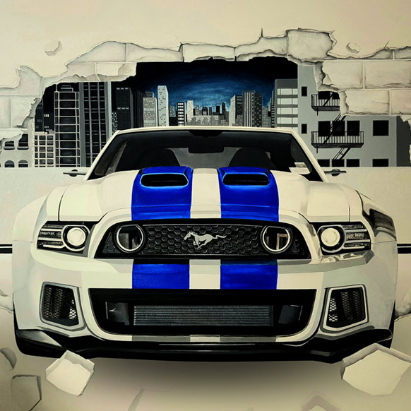 Ford Mustang - Décoration en trompe-l'oeil dans un salon